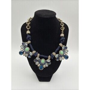 Mythologie Statement Necklace Blue Green Rhinestone Rope Chain Gold Tone Bib